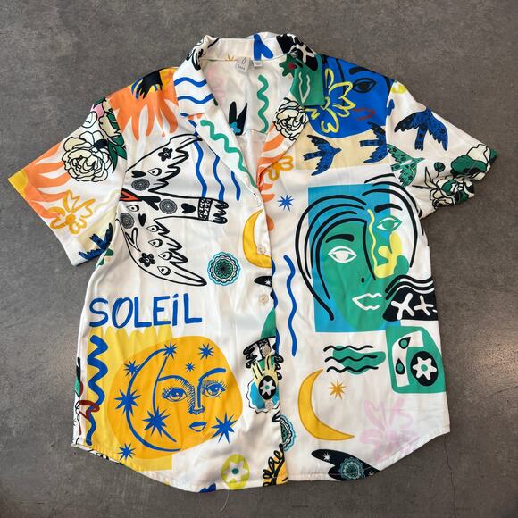 Vintage Tops - Vintage Y2K Joie Soleil Multicolor Satin Button Up Graffiti Moon Graphic Tee M